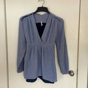 Never worn free people 100% cotton boho blouse.  Blue pin stripe outside, size M